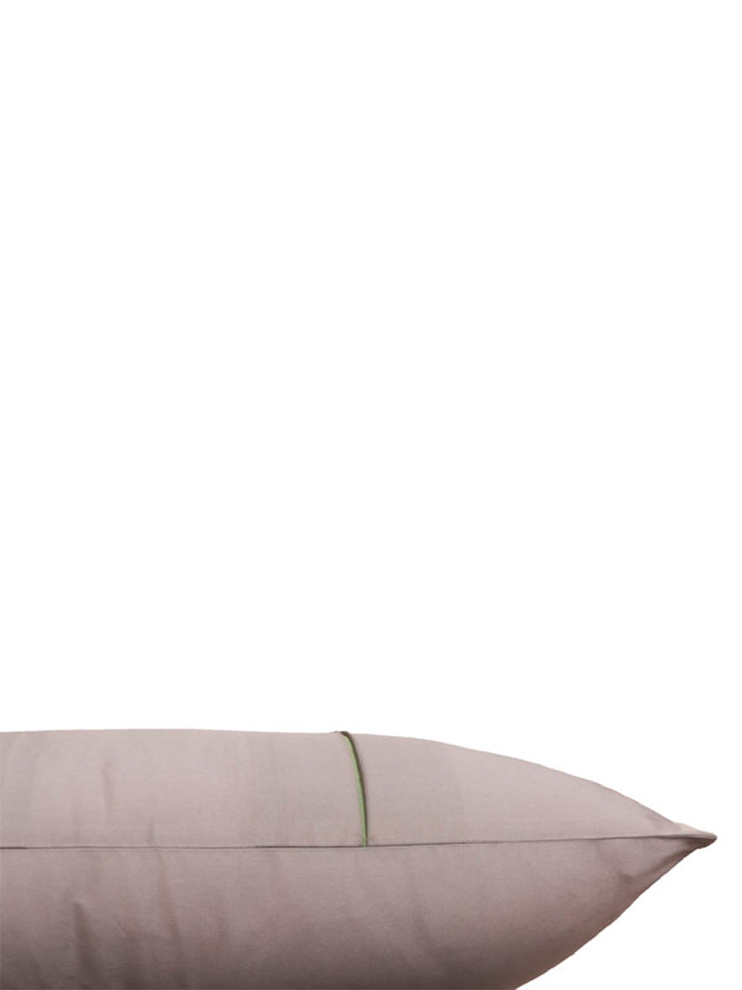 A close-up of a light taupe or dusty rose pillowcase with a thin green accent stitch, shown against a solid white background.