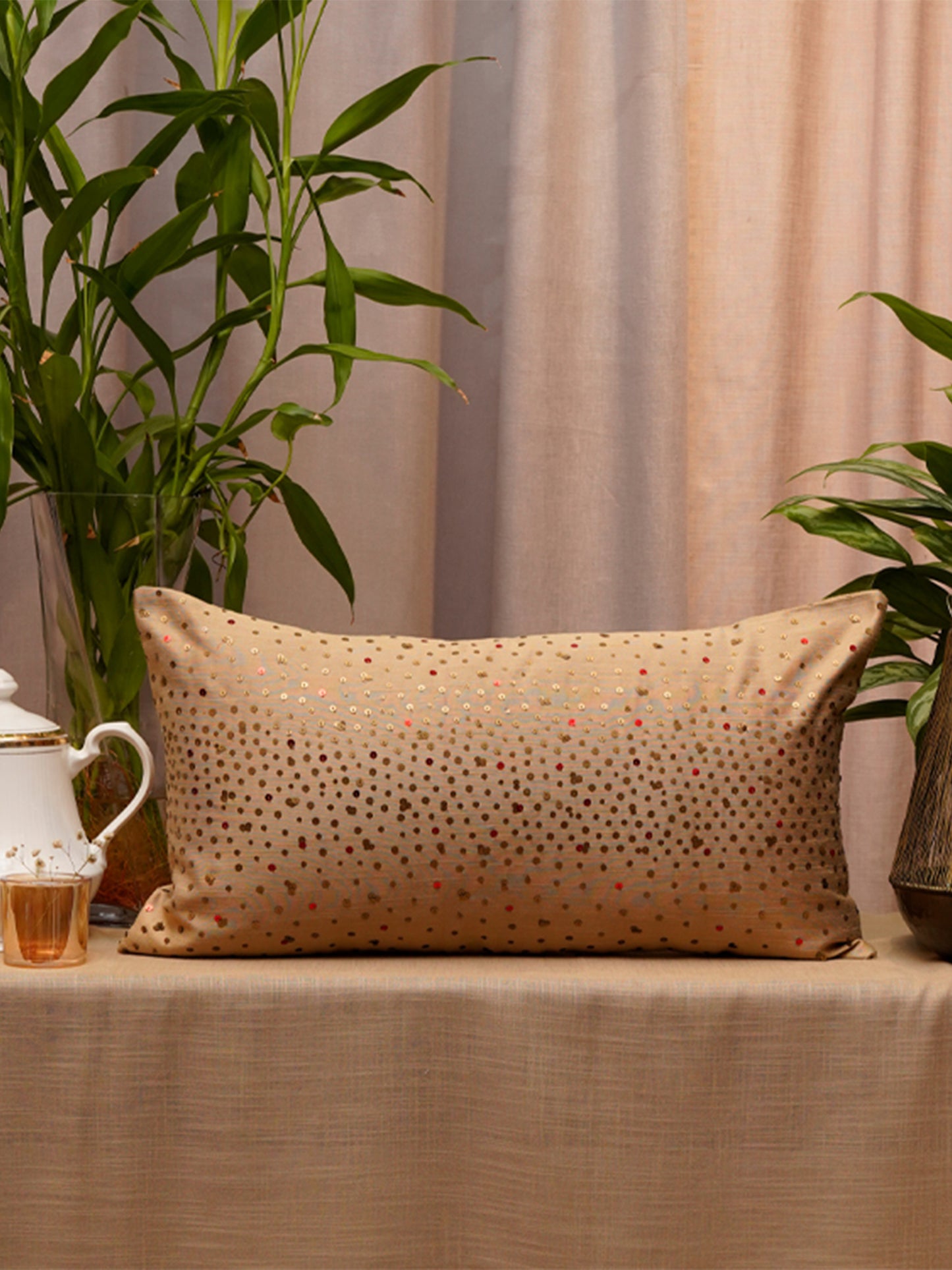 Self Textured | Golden Embellished | 100 % Polyester | 12 Inch x 12 Inch | Lumbhar Cushion Cover