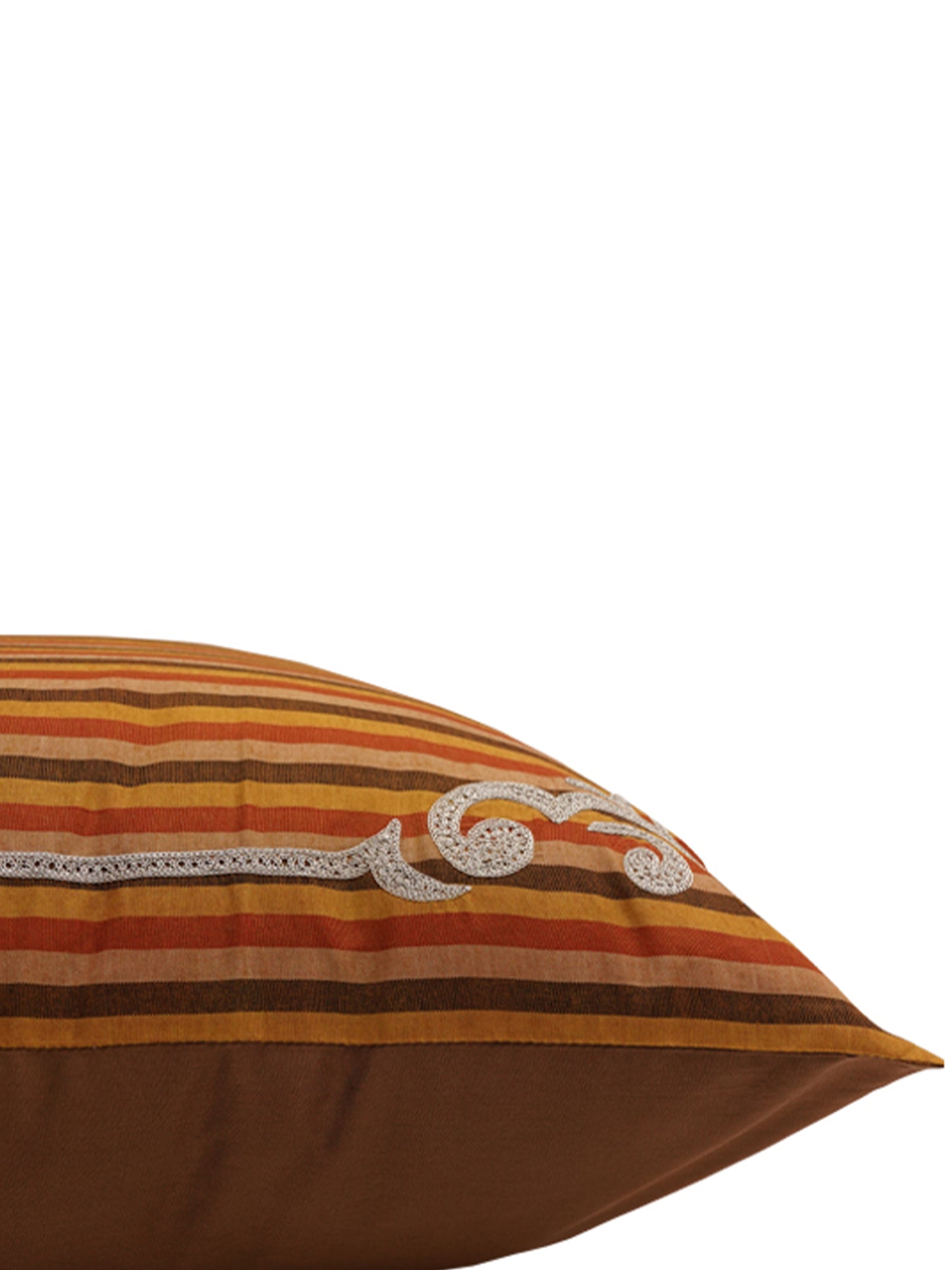 Silver Embroidered Motifs | Brown & Orange Striped | 100% Polyester | 20 Inch x 20 Inch | Cushion Cover