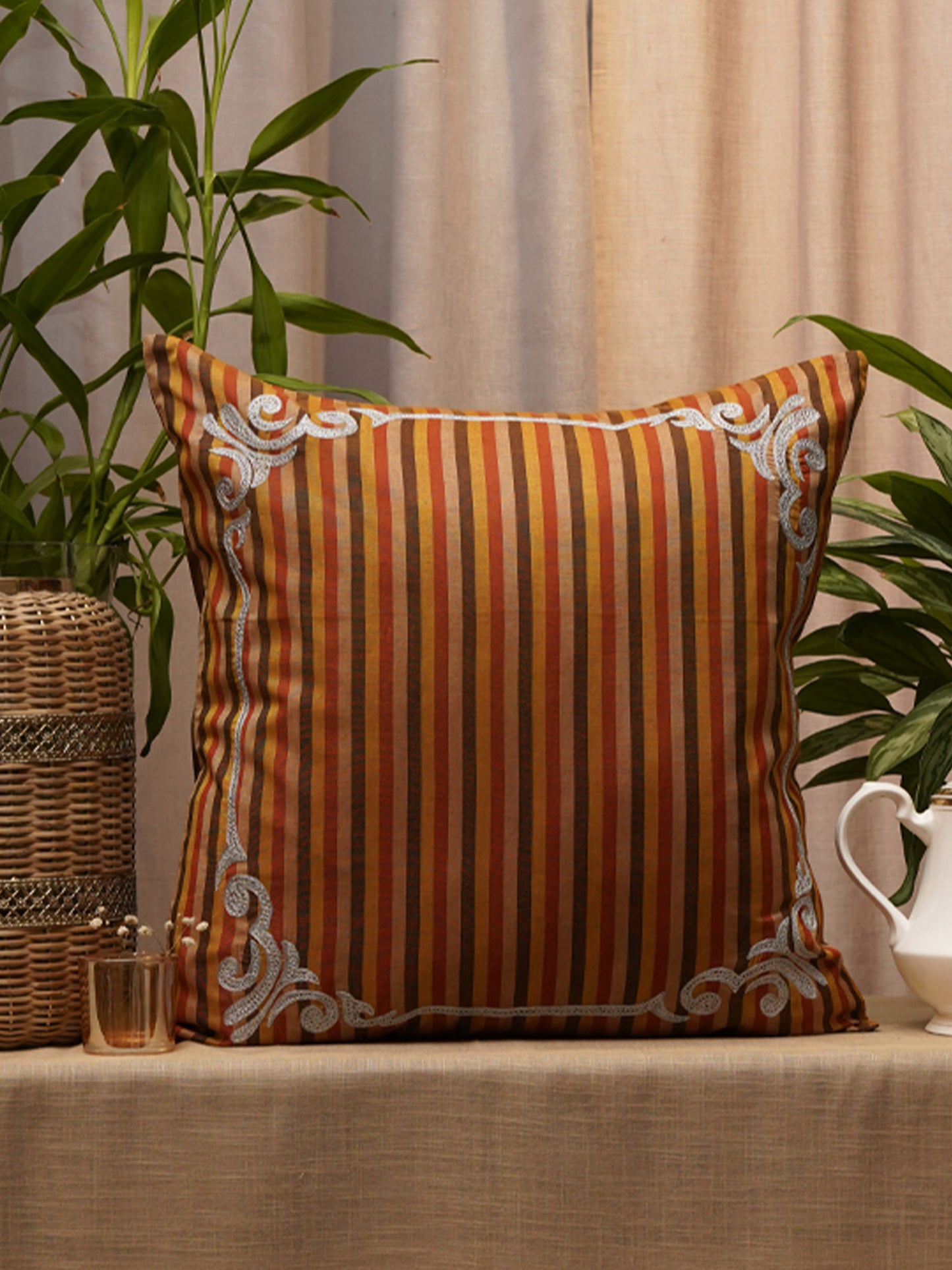 Silver Embroidered Motifs | Brown & Orange Striped | 100% Polyester | 20 Inch x 20 Inch | Cushion Cover