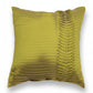 A square olive green throw pillow with a vertical pleated textured panel on the left side, shown against a plain white background.