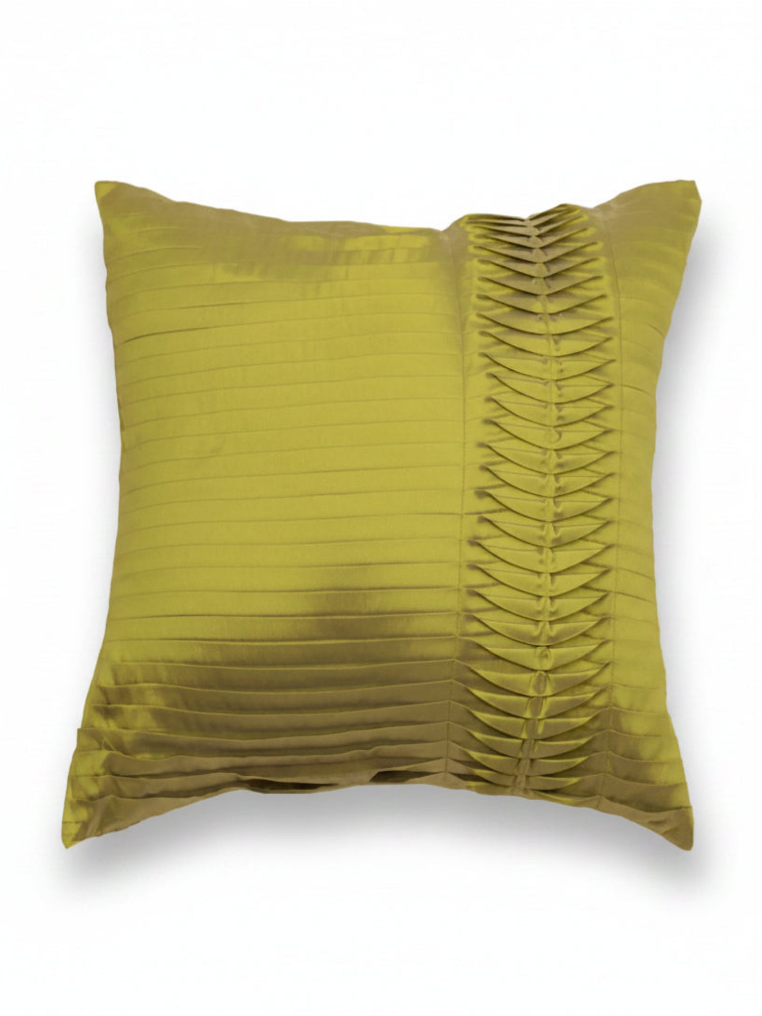 A square olive green throw pillow with a vertical pleated textured panel on the left side, shown against a plain white background.