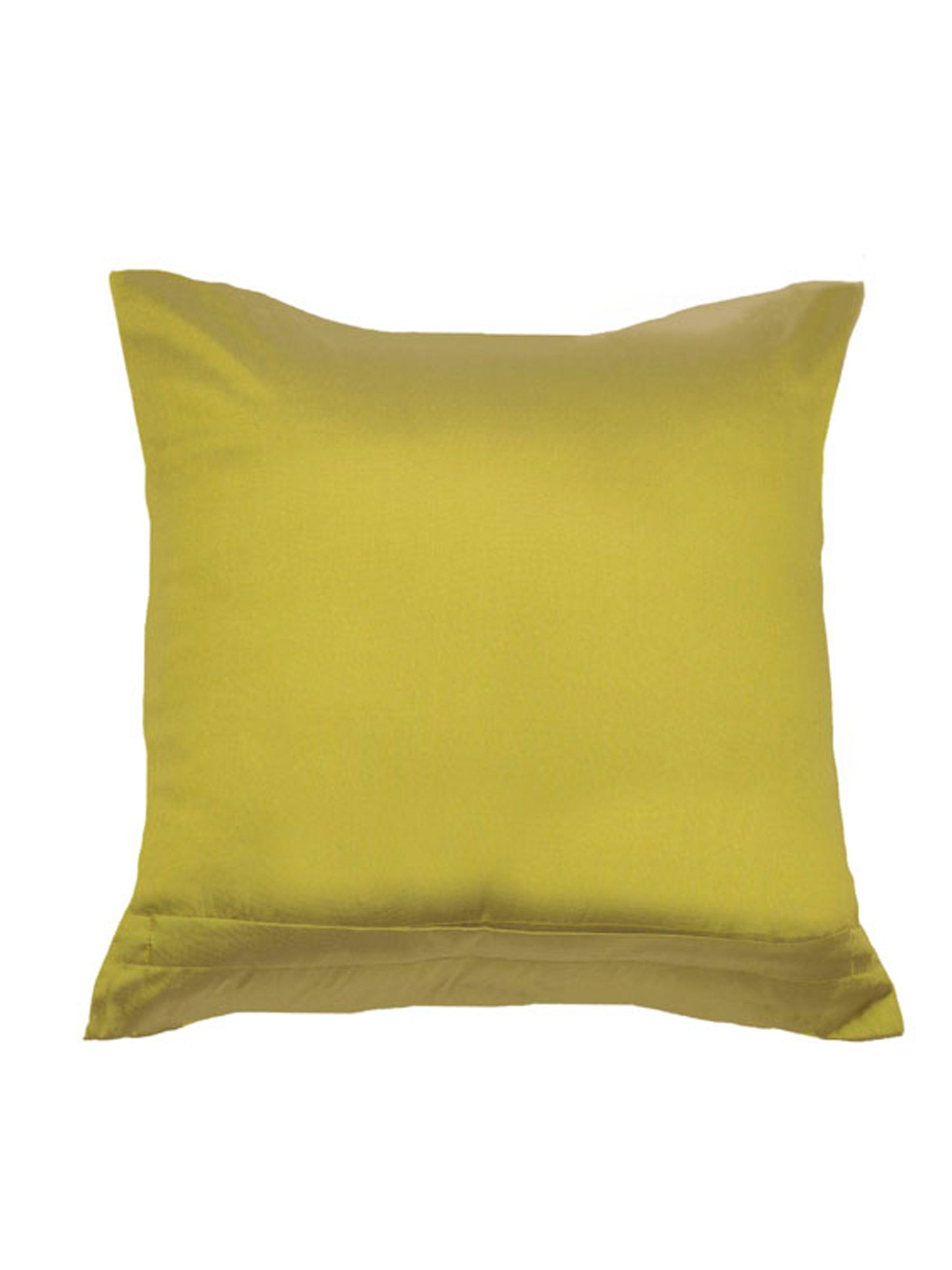 A square yellow throw pillow with a smooth satin-like finish and a subtle sheen, shown against a plain white background.