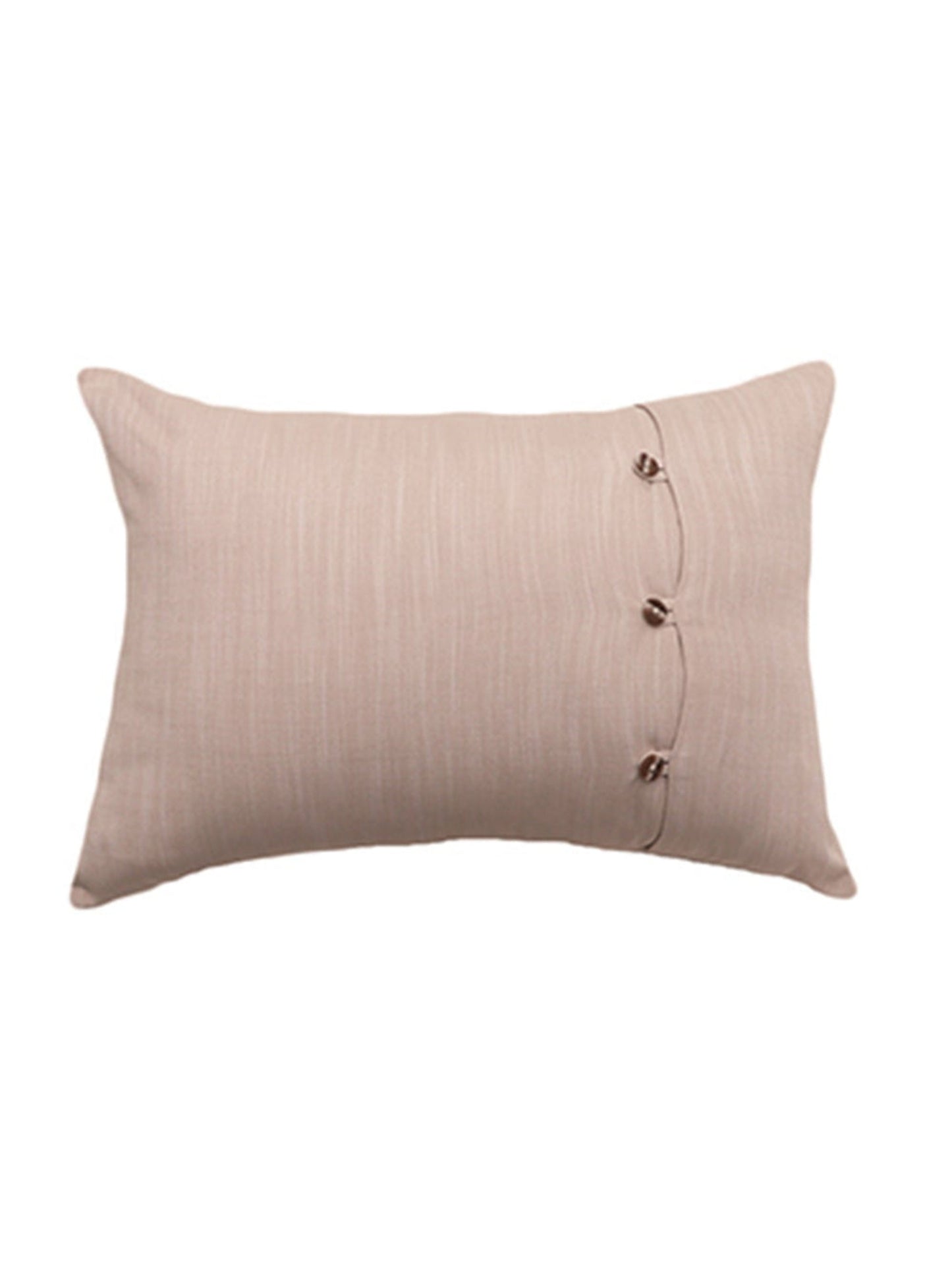 A rectangular beige throw pillow with a vertical line of three small metallic buttons on the right side, shown against a plain white background.