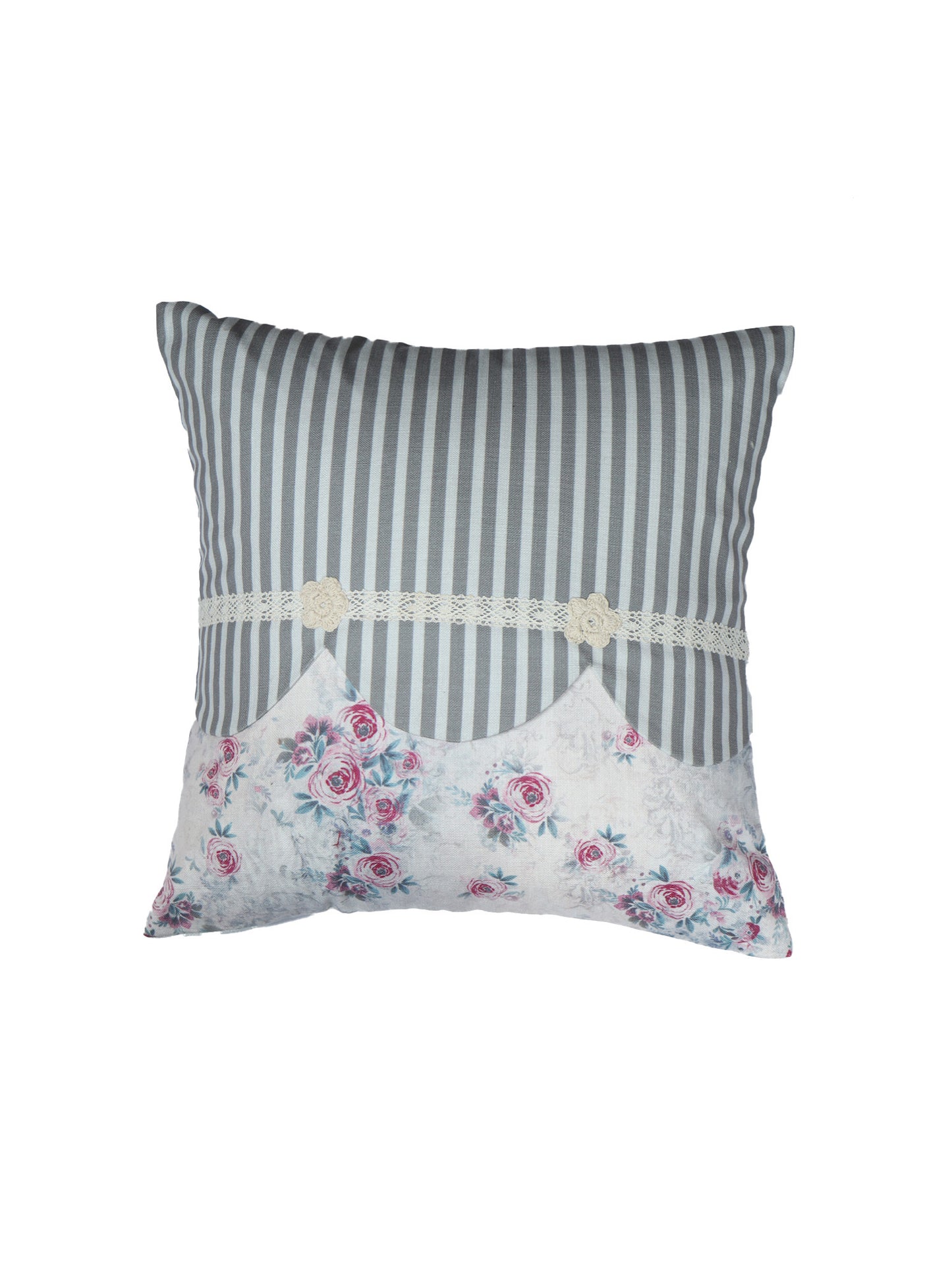 Hand Embroidered Cushion Cover - Luxe Collection | Sofa, Bedroom, Couch | Polycanvas Floral Print with Embroidery and Lace - Multicolor - 16x16 inch (40x40 cms) (Pack of 1)