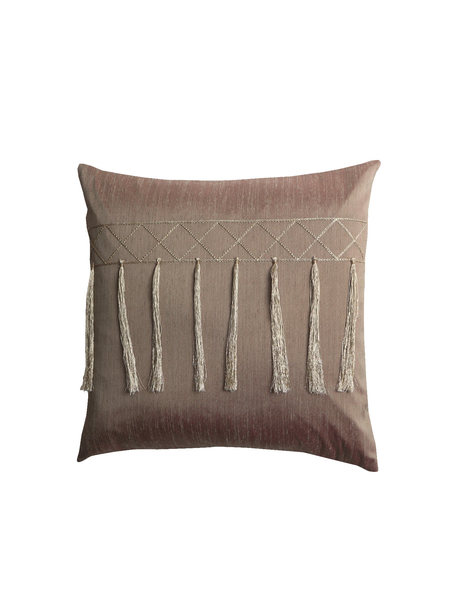 A square decorative throw pillow in a dusty taupe-brown fabric, featuring a horizontal band of geometric embroidery above seven hanging fringe tassels.