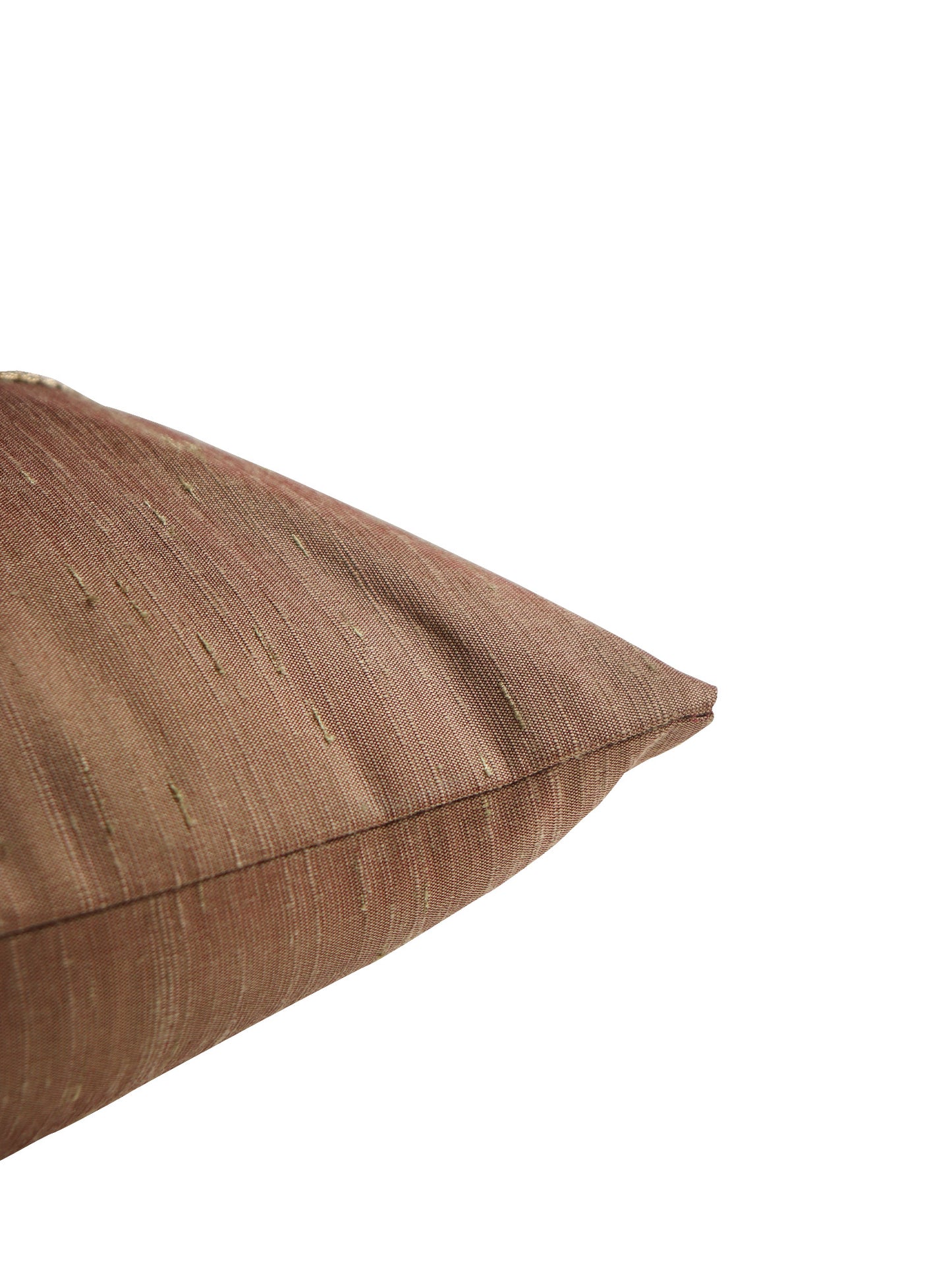 A close-up of a textured brown throw pillow corner on a solid white background.