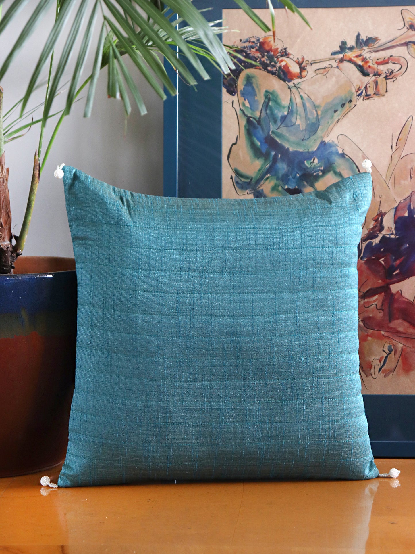 Self Quilted Teal Cushion Cover 16x16 | Polyester Blend | Premium Home Decor