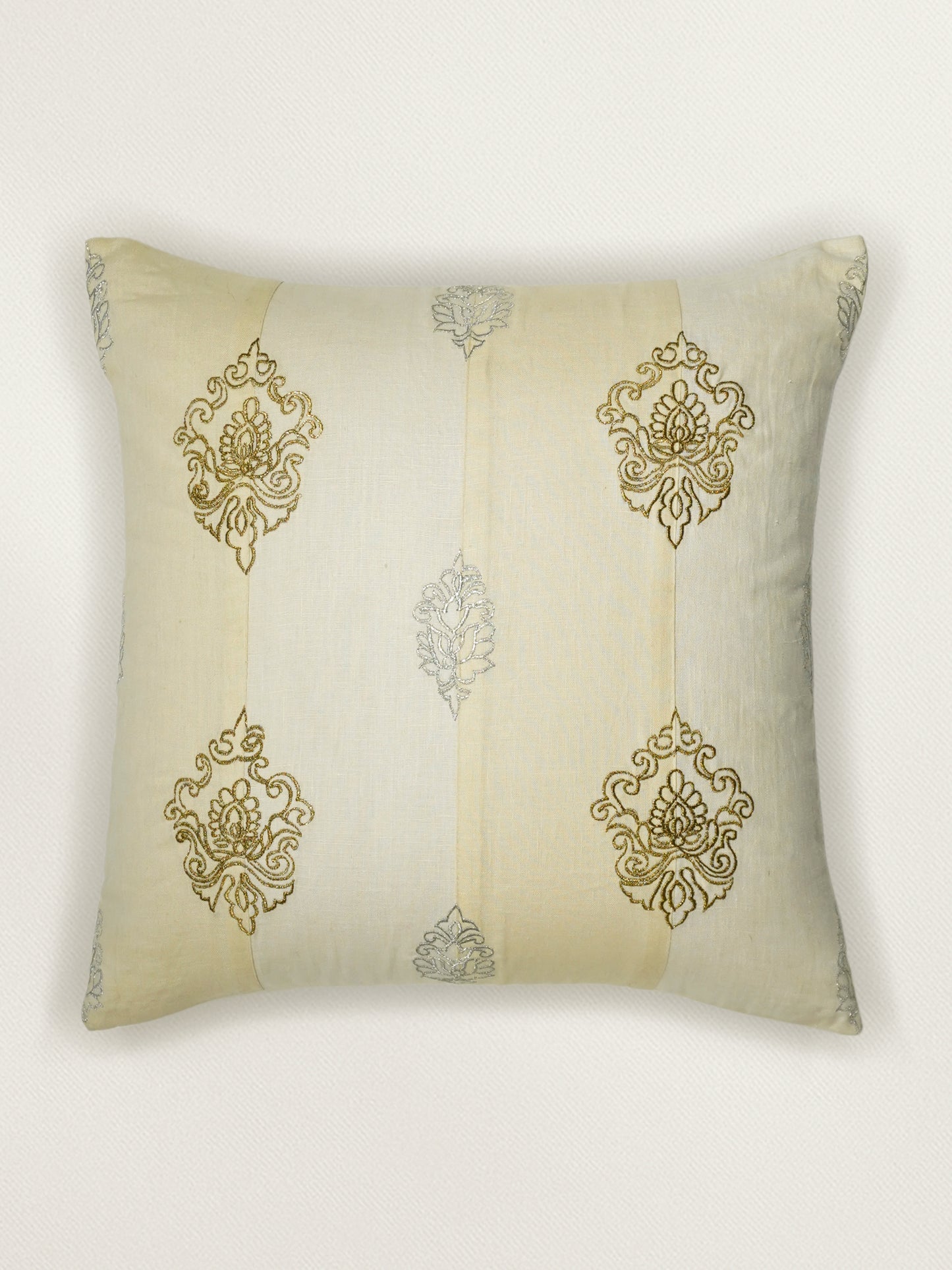 ZEBA World Square Cushion Cover for Sofa, Bed | Patchwork with Zari Hand Embroidery - Linen | Beige - 16x16in(40x40cm) (Pack of 1)