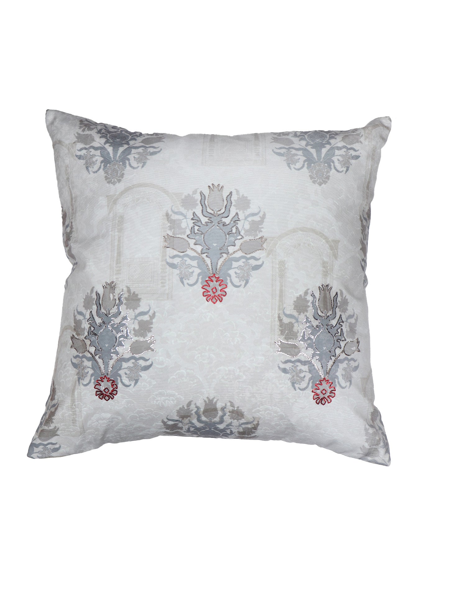 Eurosham Cushion Cover with Mughal Motif Print with Hand Embroidery - Polycanvas | Grey - 20x20in