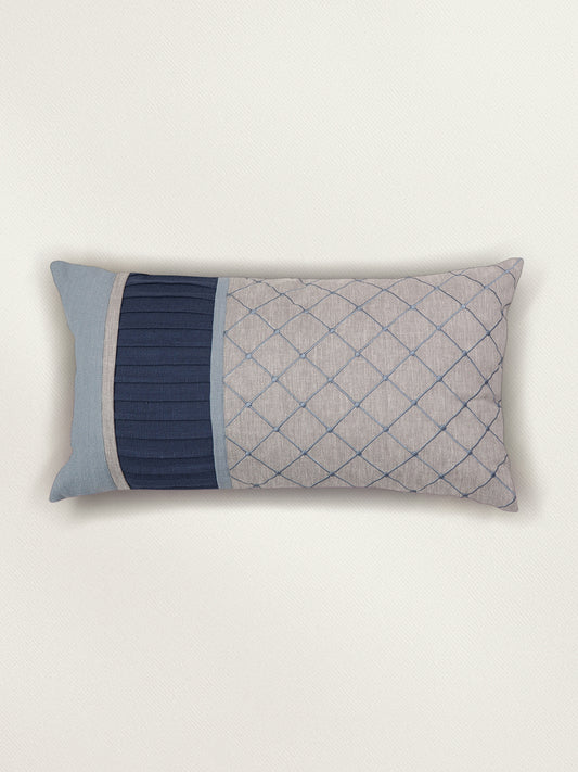 Cushion Cover Cotton Patchwork with Pleats and Embroidery of Checks - 12inches X 22inches