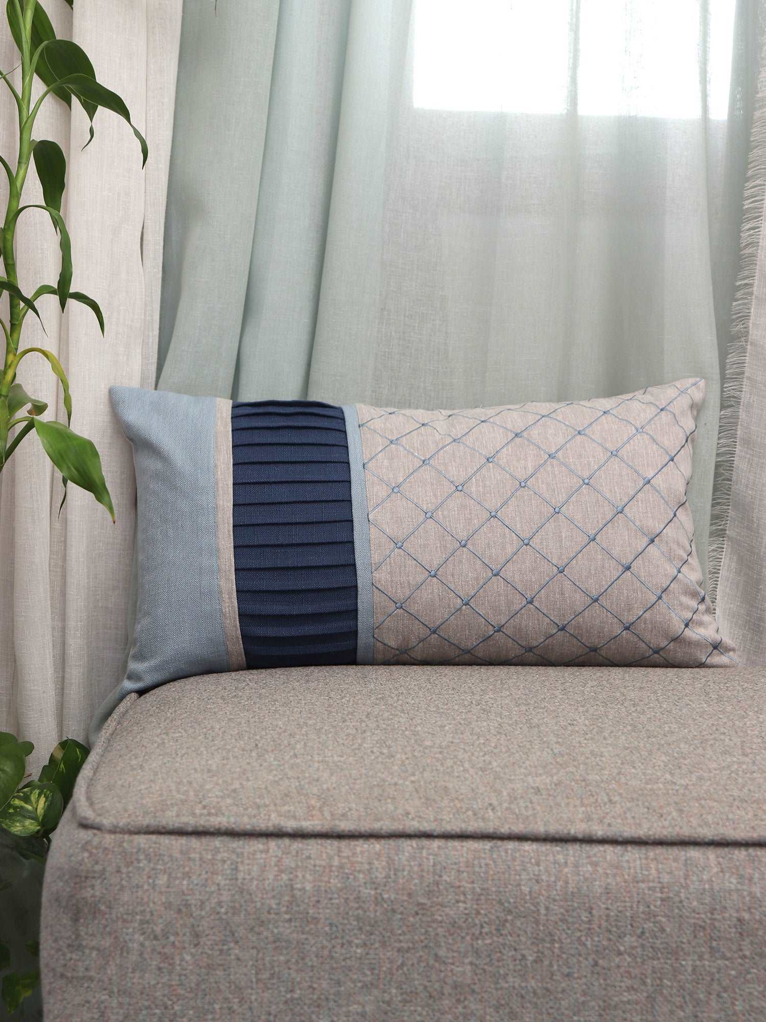 Cushion Cover Cotton Patchwork with Pleats and Embroidery of Checks - 12inches X 22inches