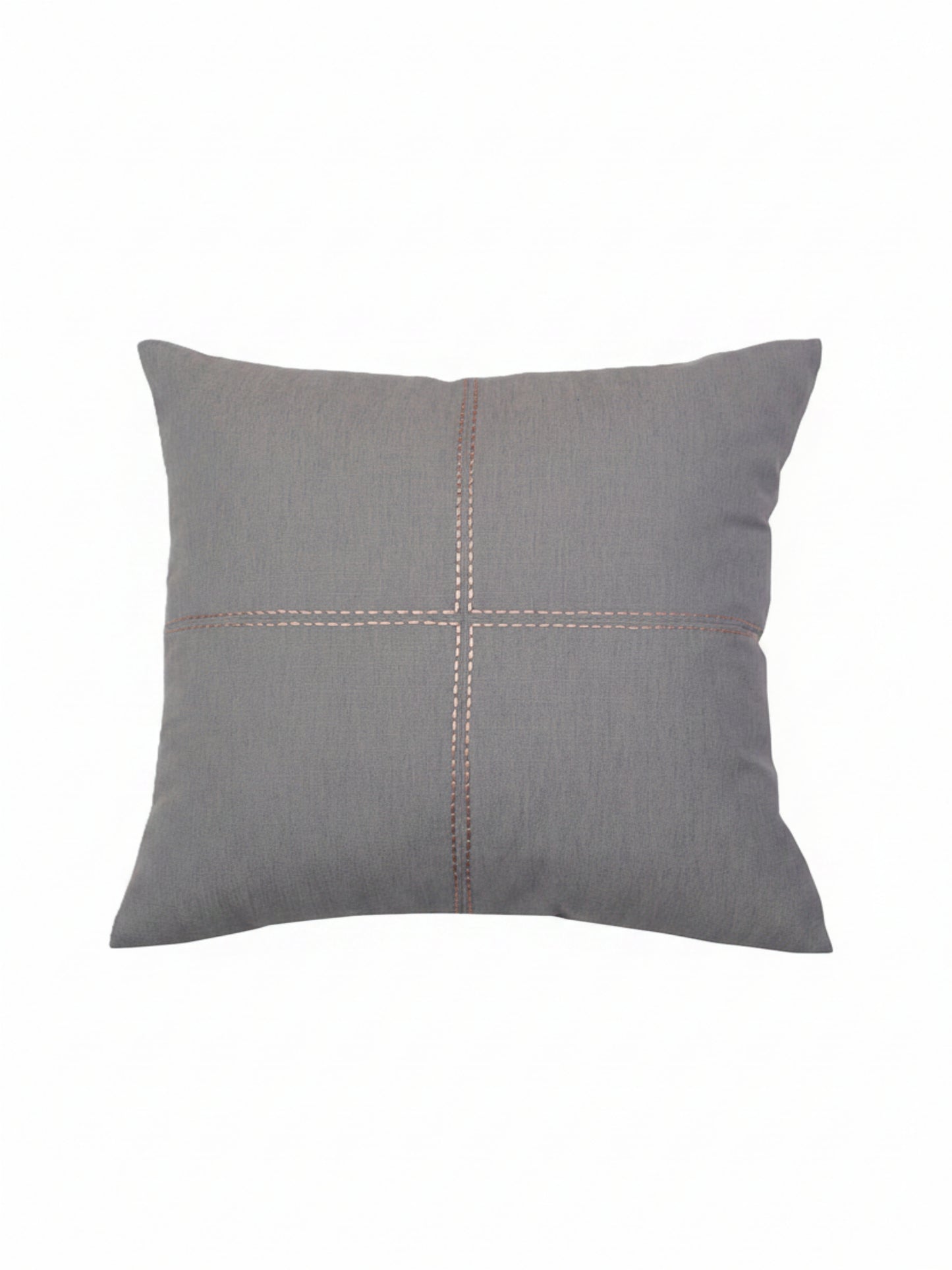 A square gray throw pillow with a textured linen-like fabric, featuring a central cross design formed by two intersecting stitched lines in a contrasting light brown color, shown against a plain white background.