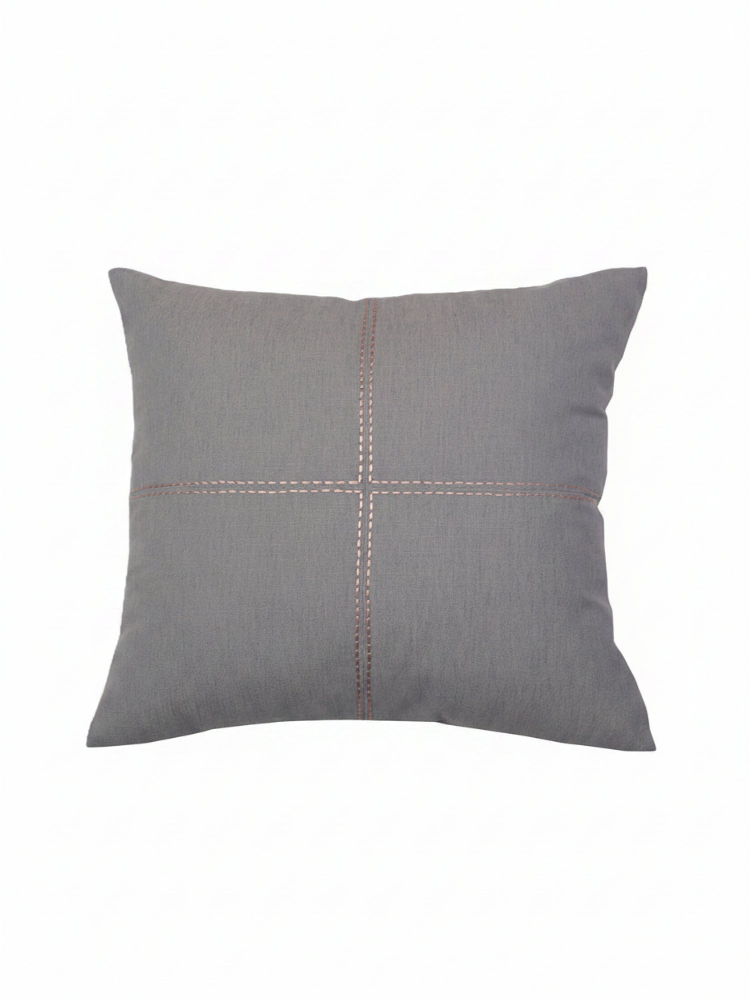 A square gray throw pillow with a textured linen-like fabric, featuring a central cross design formed by two intersecting stitched lines in a contrasting light brown color, shown against a plain white background.