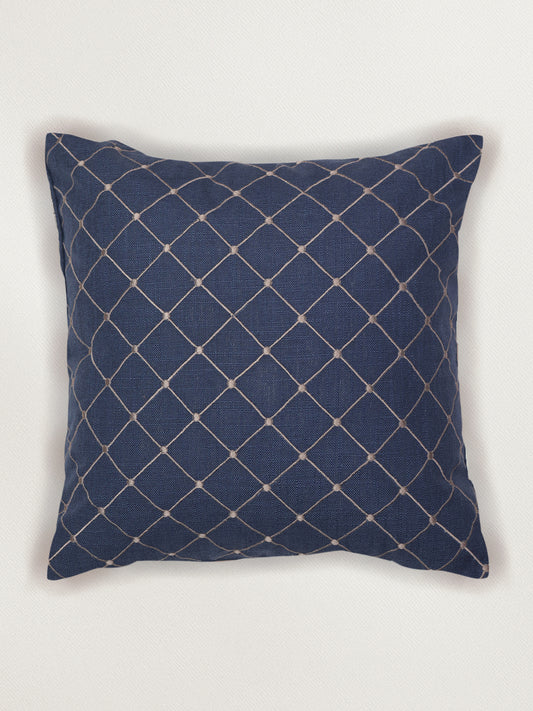 Cushion Cover Cotton Checks Pattern in Embroidery with Cord Piping Dark Blue - 16inches X 16inches