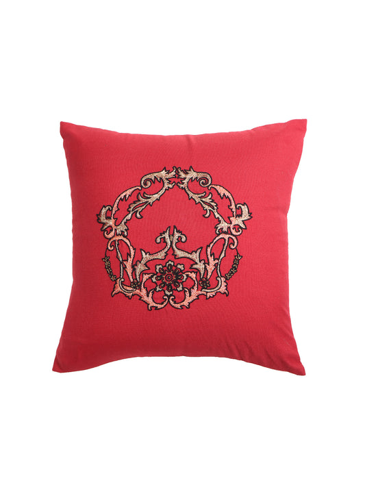 Cushion Cover Cotton Blend Hand Embroidered Motif Red - 16 x 16 Inch