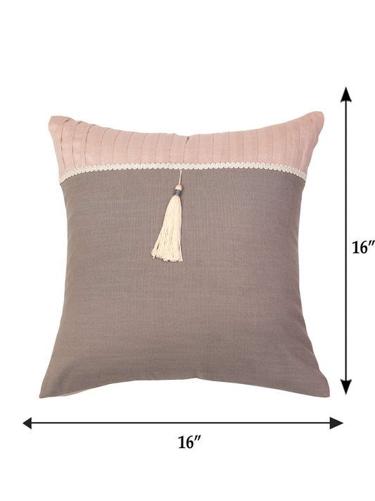 Cushion Cover Cotton Patchwork, Pleats and Tassels Laces Grey - 16inches X 16inches
