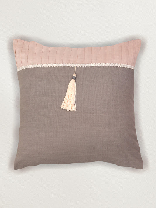 Cushion Cover Cotton Patchwork, Pleats and Tassels Laces Grey - 16inches X 16inches