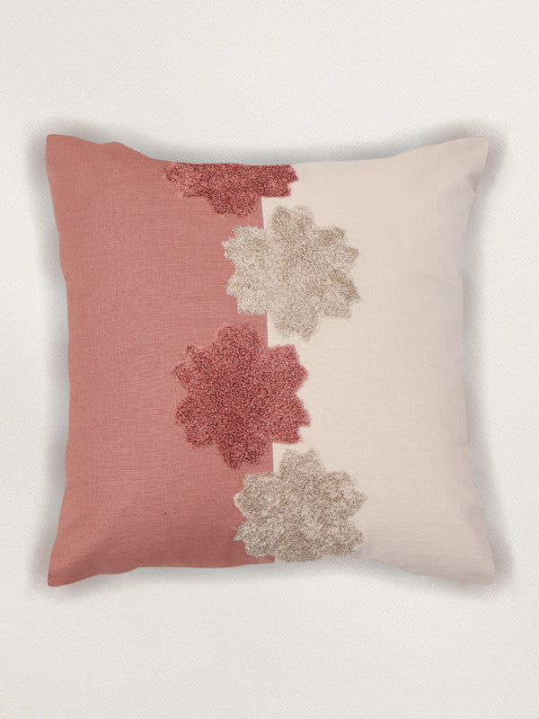 Cushion Cover Cotton Blend Floral Towel Embroidery with Patchwork Dark Coral - 16 X 16In