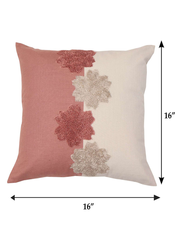 Cushion Cover Cotton Blend Floral Aari Embroidery with Patchwork Dark Coral - 16inches X 16inches