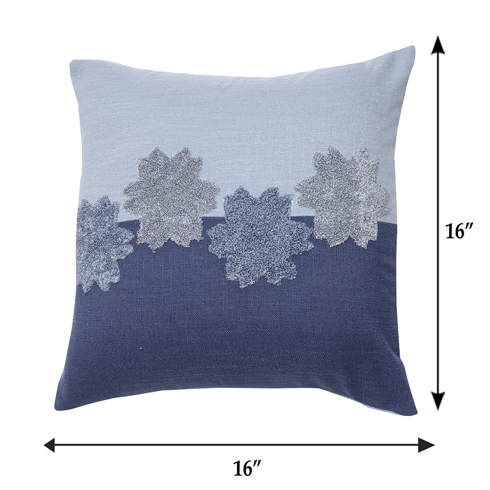 Cushion Cover Cotton Blend Floral Aari Embroidery with Patchwork Navy Blue - 16 X 16in