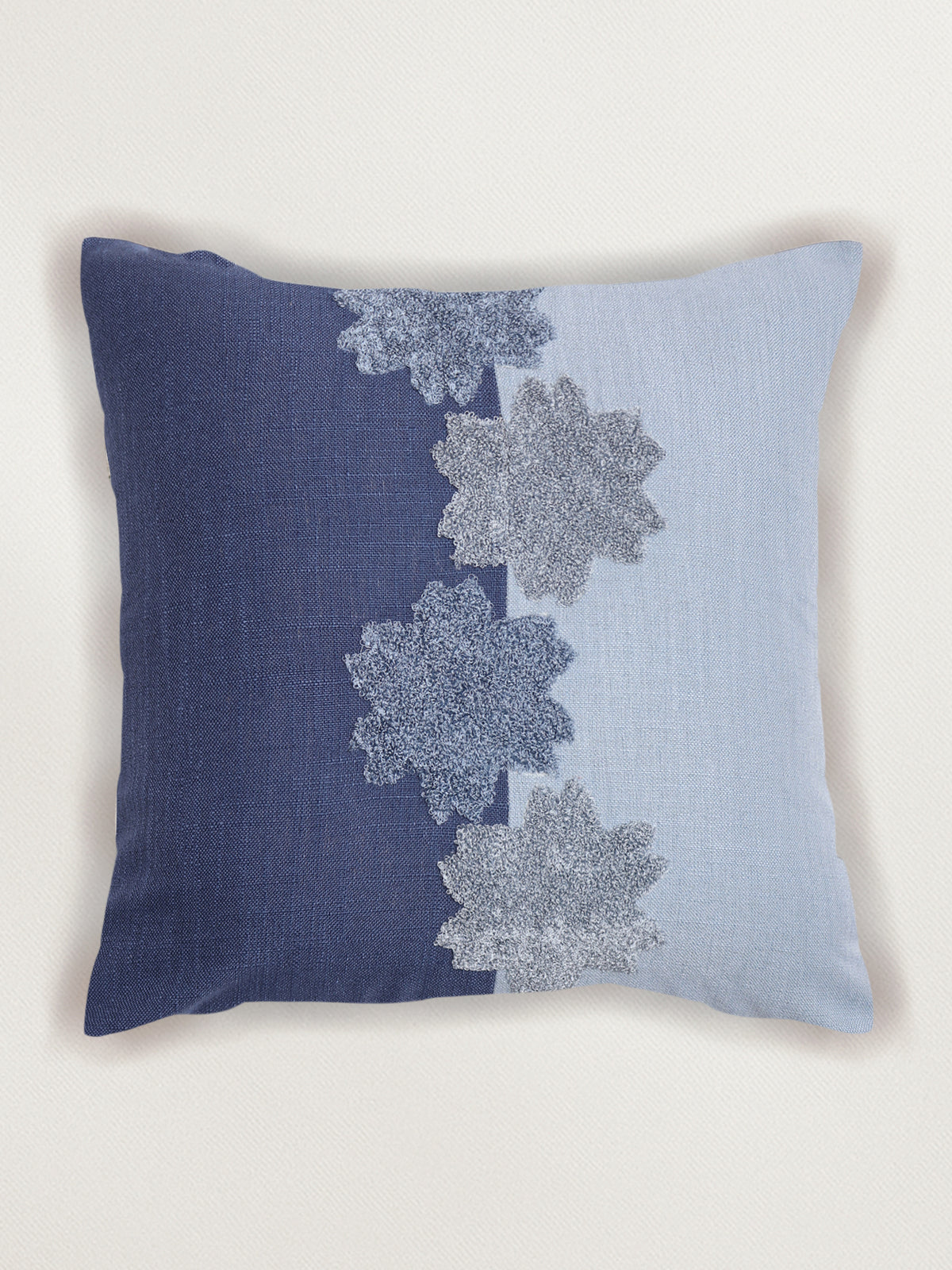 Cushion Cover Cotton Blend Floral Aari Embroidery with Patchwork Navy Blue - 16 X 16in