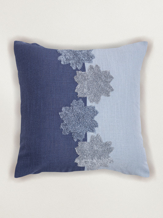 Cushion Cover Cotton Blend Floral Aari Embroidery with Patchwork Navy Blue - 16 X 16in