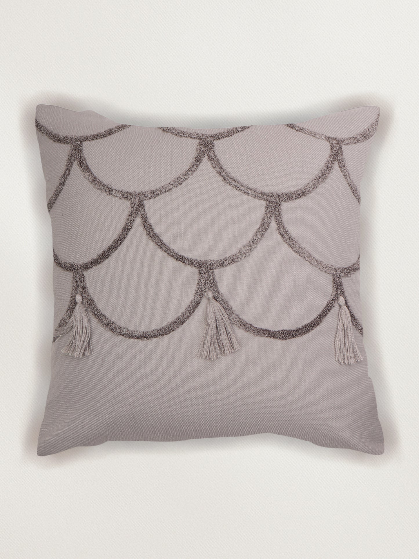 Cushion Cover Cotton Blend Floral Aari and Towel Textured Embroidery with Tassels Grey - 16inches X 16inches