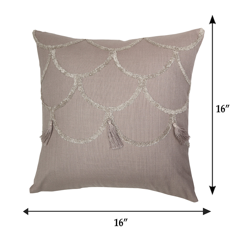 Cushion Cover Cotton Blend Aari and Towel Textured Embroidery with Tassels Beige - 16inches X 16inches