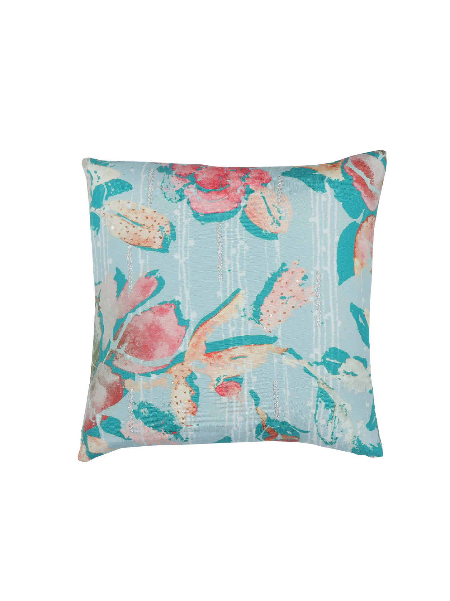 Cushion Cover with Hand Embroidery (Silver Zari) on Floral Print - Cotton Blend | Multi - 16x16in(40x40cm) (Pack of 1)