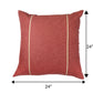 A square terracotta red throw pillow with two vertical gold stripes, shown with dimension arrows and labels indicating a 24 by 24 inch size.