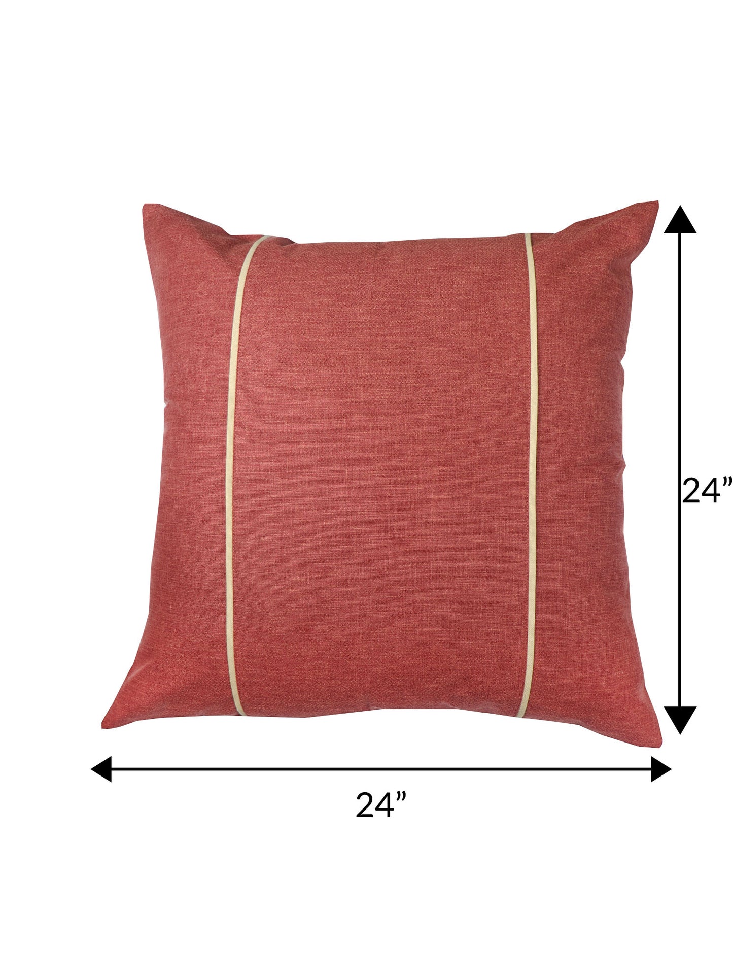 A square terracotta red throw pillow with two vertical gold stripes, shown with dimension arrows and labels indicating a 24 by 24 inch size.