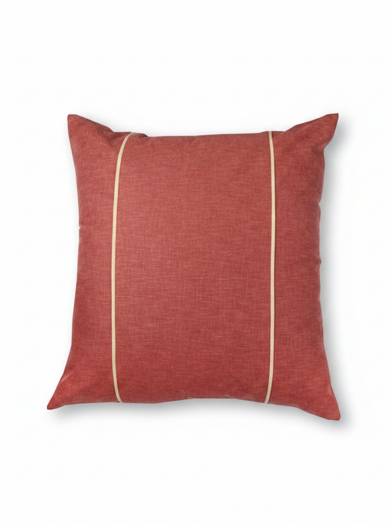A square terracotta red throw pillow with two vertical gold stripes, shown with dimension arrows and labels indicating a 24 by 24 inch size.
