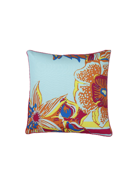 Cushion Cover with Hand Embroidery (Silver Zari) on Floral Print with Cord Piping - Cotton Blend | Multi - 16x16in(40x40cm) (Pack of 1)