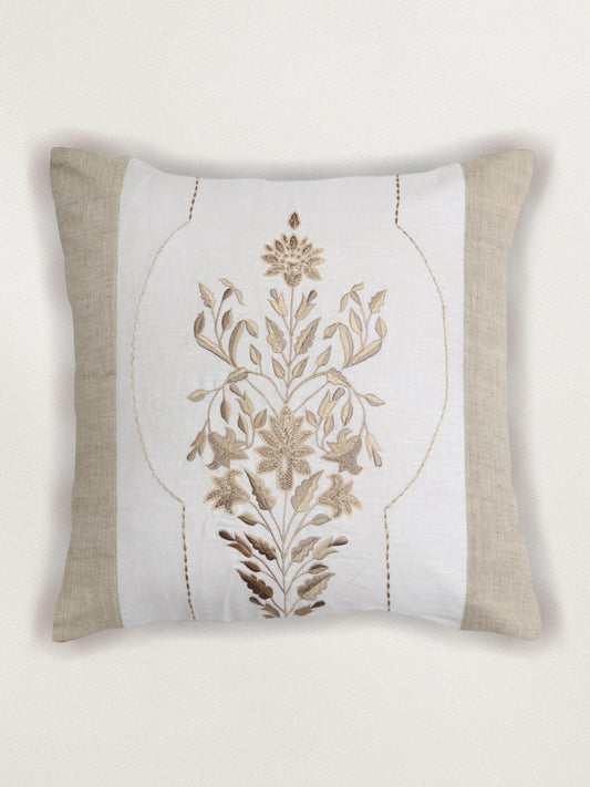 Cushion Cover Cotton Floral Aari and Hand Embroidery Beige - 16inches X 16inches