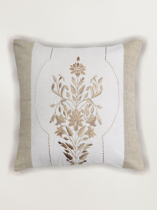 Cushion Cover Cotton Floral Aari and Hand Embroidery Beige - 16inches X 16inches
