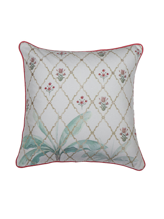 Cushion Cover with Hand Embroidery on Mughal Garden Print with Cord Piping - Cotton Blend | White - 16x16in