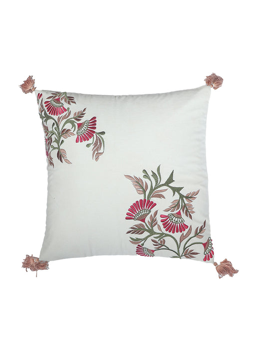 ZEBA World Square Cushion Cover for Sofa, Bed | Floral Hand Embroidery with Tassels - Cotton | Offwhite - 16x16in(40x40cm) (Pack of 1)