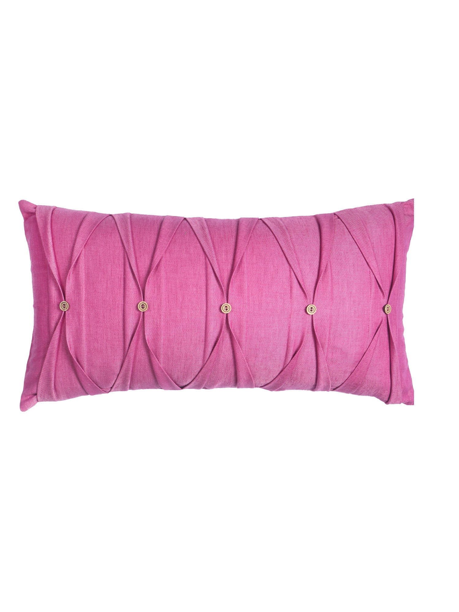 A rectangular pink lumbar pillow with a textured fabric surface, featuring a diamond pleated design and five small gold button accents, shown against a plain white background.