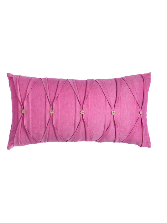 A rectangular pink lumbar pillow with a textured fabric surface, featuring a diamond pleated design and five small gold button accents, shown against a plain white background.