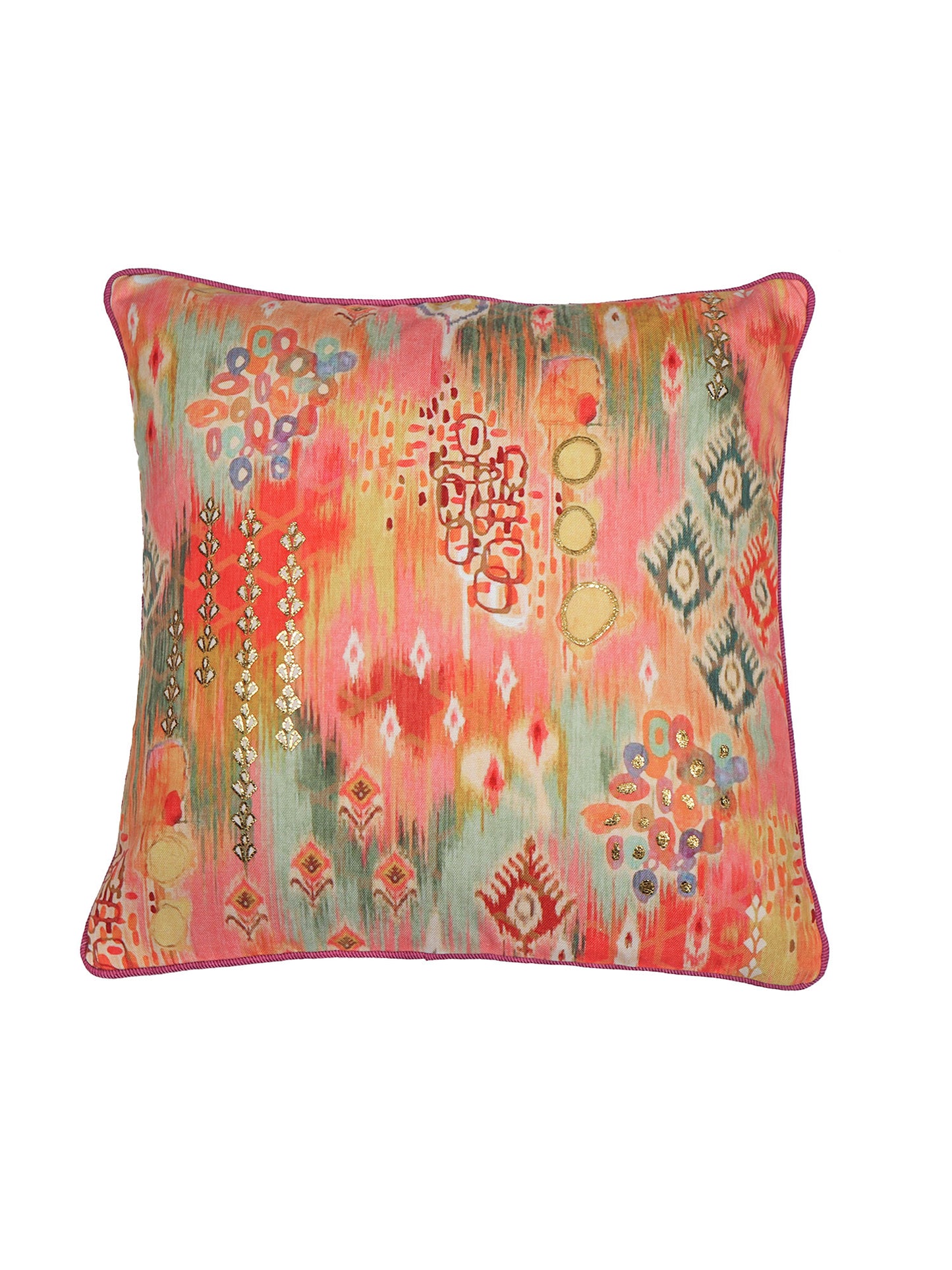 Cushion Cover with Modern Ikat Print with Hand Embroidery and Cord Piping - Polycanvas | Orange - 16x16in