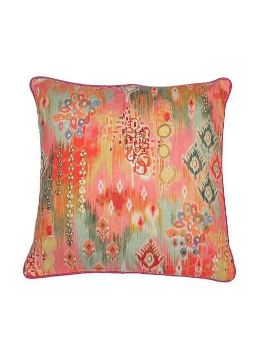 Cushion Cover with Modern Ikat Print with Hand Embroidery and Cord Piping - Polycanvas | Orange - 16x16in