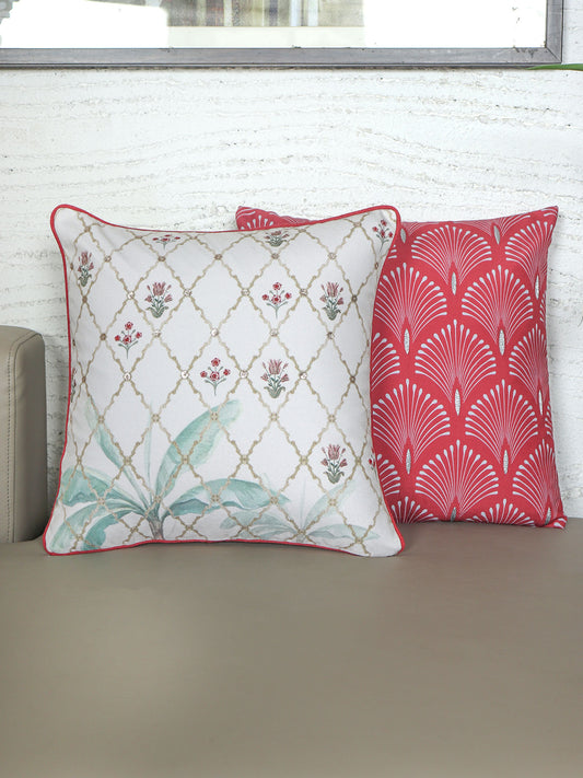 ZEBA World Square Cushion Cover for Sofa, Bed | Mughal and Art Deco Print with Hand Embroidery with Cord Piping - Cotton Blend | Red/White - 16x16in(40x40cm) (Pack of 2)
