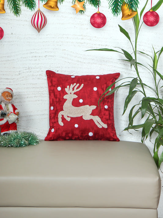 ZEBA World Christmas Reindeer Cushion Cover for Sofa, Bed | Riendeer in Towel Embroidery  - Polyester | Dual Tone Red - 16x16in (40x40cm) (Pack of 1)