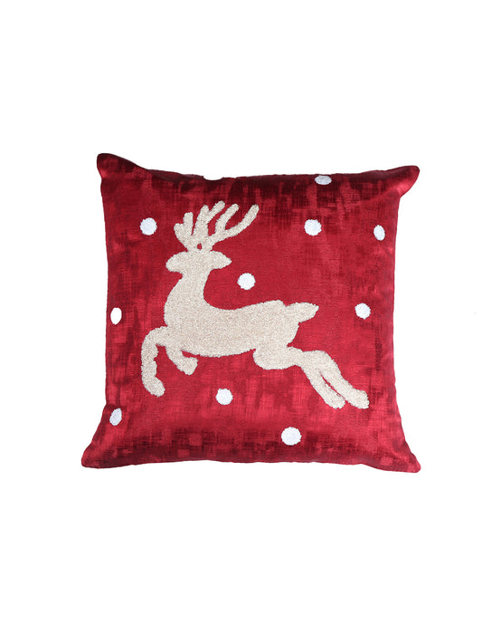 ZEBA World Christmas Reindeer Cushion Cover for Sofa, Bed | Riendeer in Towel Embroidery  - Polyester | Dual Tone Red - 16x16in (40x40cm) (Pack of 1)