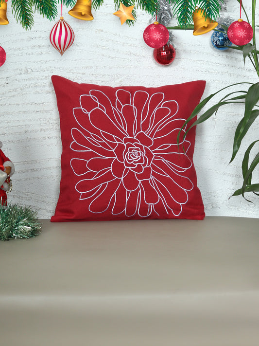 ZEBA World Christmas Cushion Cover for Sofa, Bed | Floral Outline Embroidery - Polycanvas | Red - 16x16in (40x40cm) (Pack of 1)