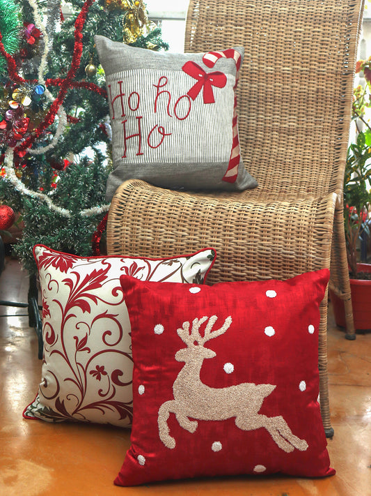 ZEBA World Christmas Cushion Cover for Sofa, Bed | Embrodeired Reindeer/HOHOHO/Santa - Polycanvas | Red White - 16x16in (40x40cm) (Pack of 3)