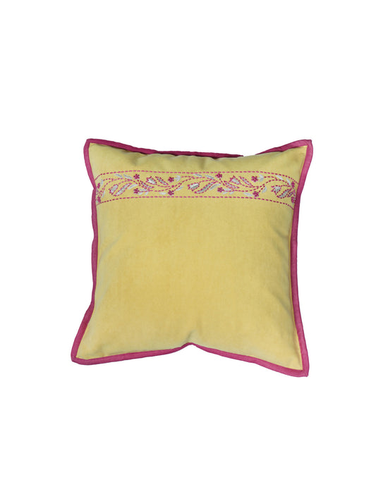 Hand Embroidered Cushion Cover - Luxe Collection | Sofa, Bedroom, Couch | Polycanvas Floral Embroidery with Flange Border - Yellow - 16x16 inch (40x40 cms) (Pack of 1)
