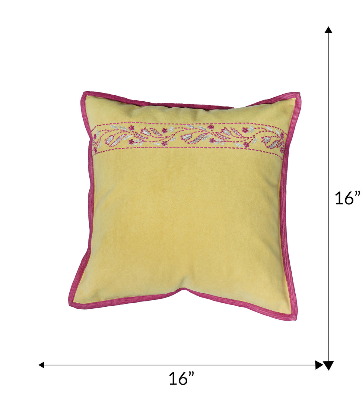 Hand Embroidered Cushion Cover - Luxe Collection | Sofa, Bedroom, Couch | Polycanvas Floral Embroidery with Flange Border - Yellow - 16x16 inch (40x40 cms) (Pack of 1)