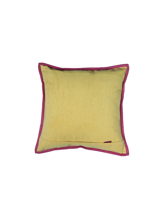 Hand Embroidered Cushion Cover - Luxe Collection | Sofa, Bedroom, Couch | Polycanvas Floral Embroidery with Flange Border - Yellow - 16x16 inch (40x40 cms) (Pack of 1)